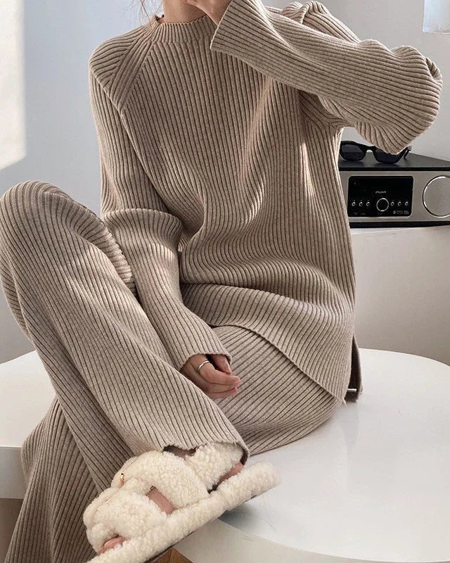 Ribbed Knitted Pullover & Wide Leg Pants Set