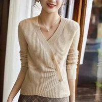 Designers' V-neck Wool Sweater with Asymmetrical Buttons