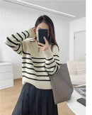 Half Zipper Striped Pure Cashmere Pullover