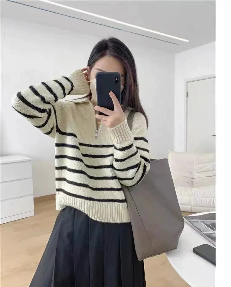 Half Zipper Striped Pure Cashmere Pullover