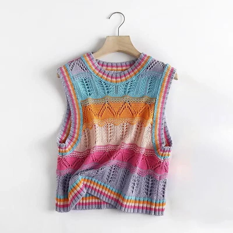 Rainbow Acrylic Knitted O-Neck Hollow Out Vest