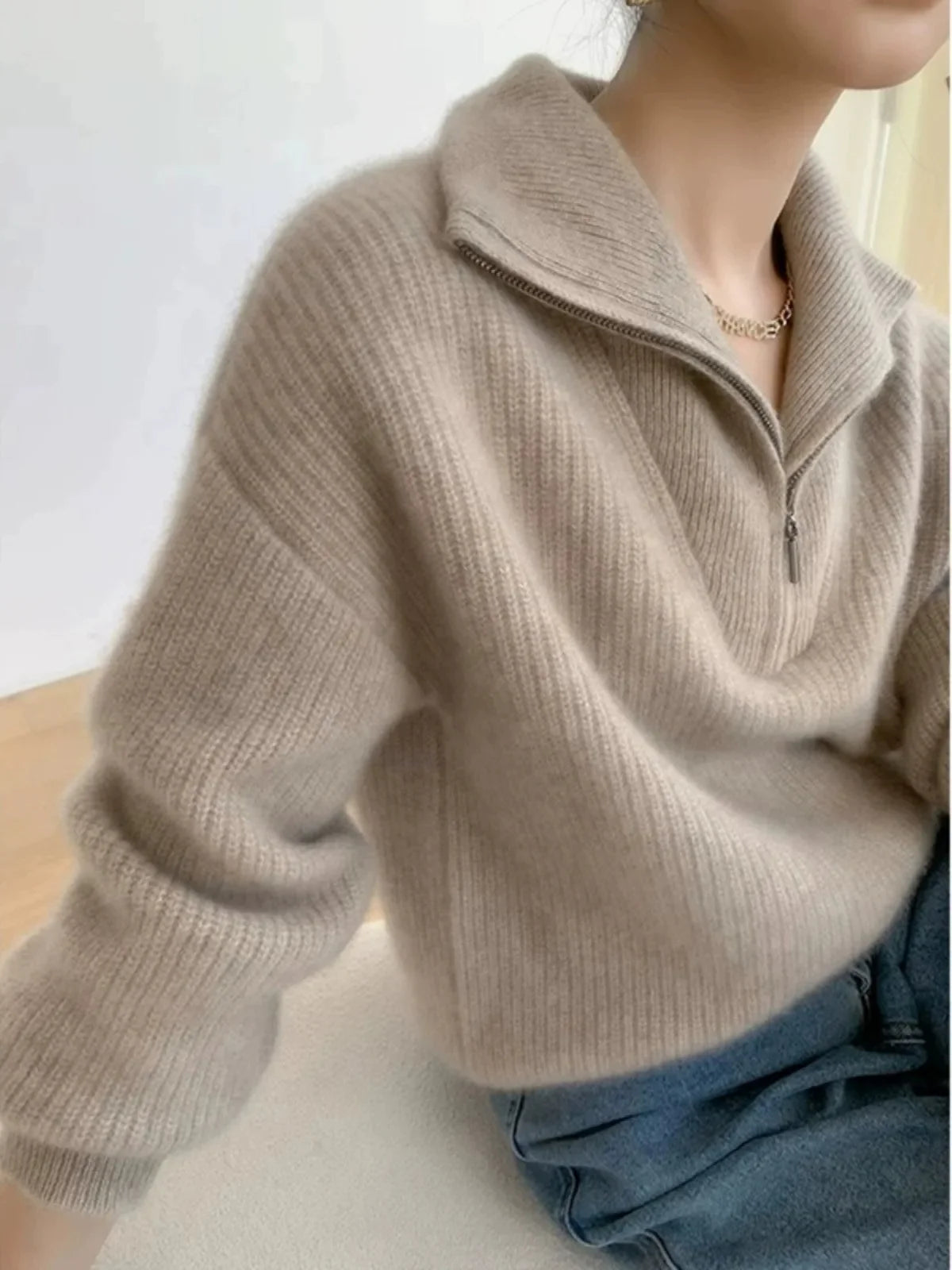 Gentle Herd Lapel Zipper Cashmere Pullover