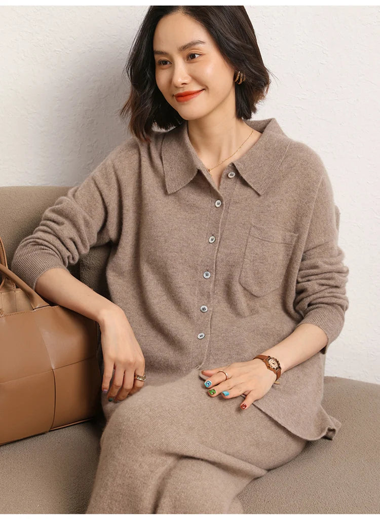 100% Cashmere Knitted Turn-down Collar Shirt