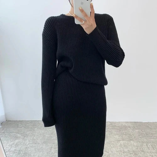 Ribbed Knited Round-Neck Sweater & Midi Skirt Set