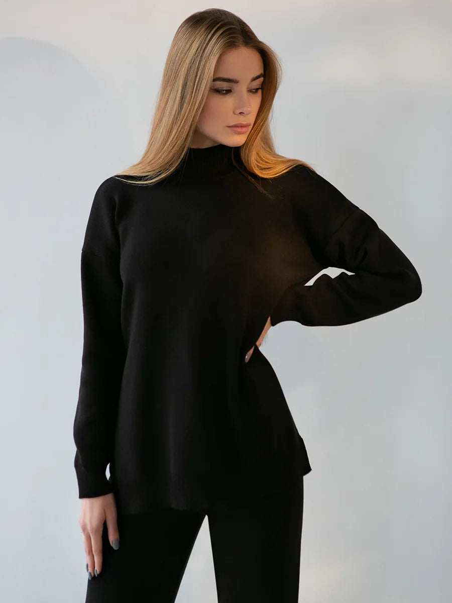 Half Turtleneck Sweater & Wide Leg Pants Knitted Set