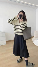 Half Zipper Striped Pure Cashmere Pullover