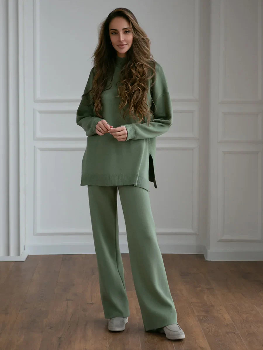 Half Turtleneck Sweater & Wide Leg Pants Knitted Set