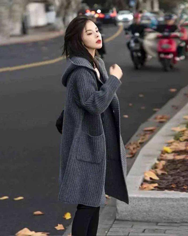 Single Breasted Wool Ribbed Cardigan With Hoodie