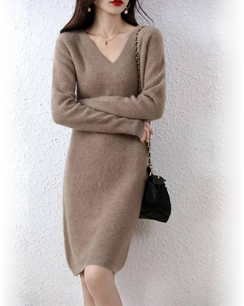 V-Neck 100% Merino Wool Knitted Dress GentleHerd