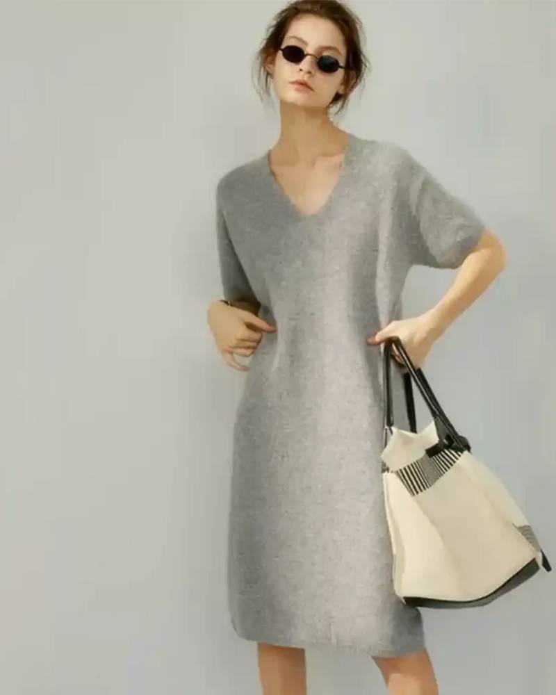 V-Neck Short-Sleeved Wool Knitted Dress
